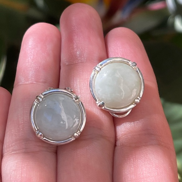 Natural jadeite jade solid sterling silver omega back earrings - Picture 2 of 12